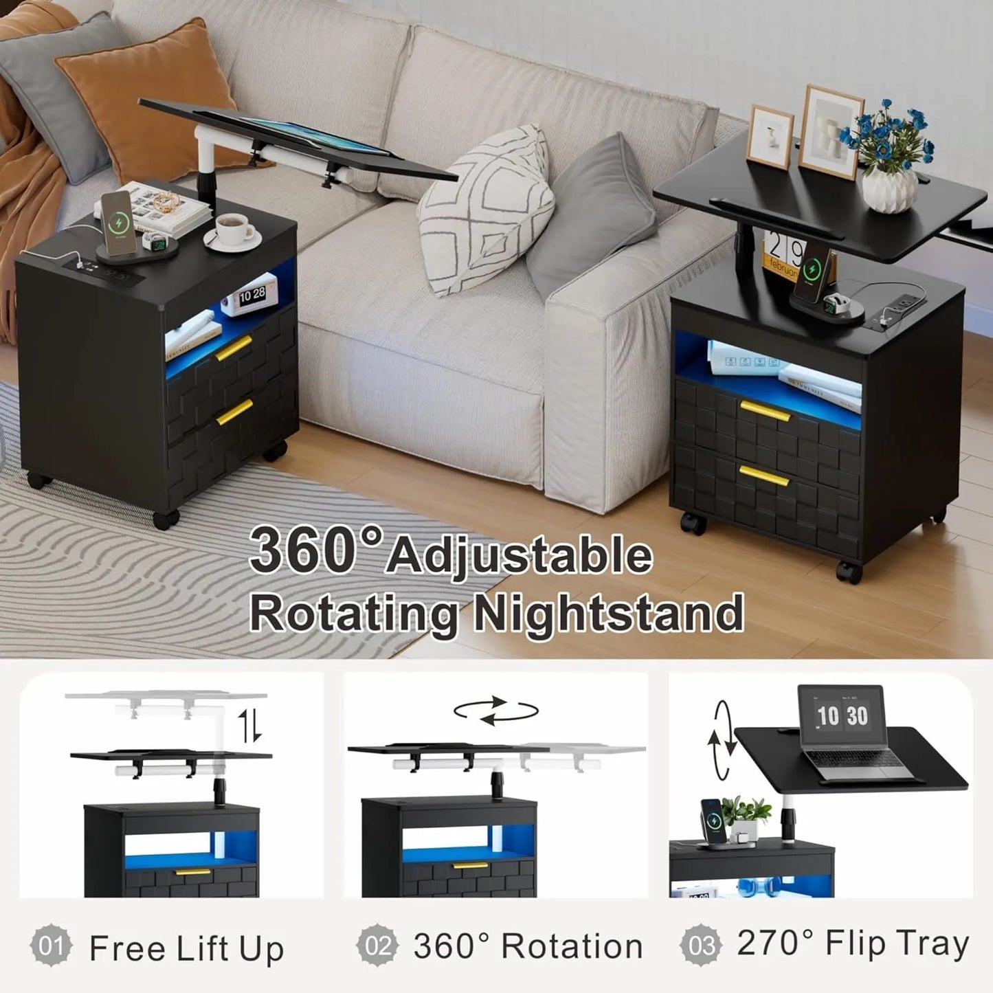 Nightstand Set With Charging Station And LED Drawers Rolling End Table