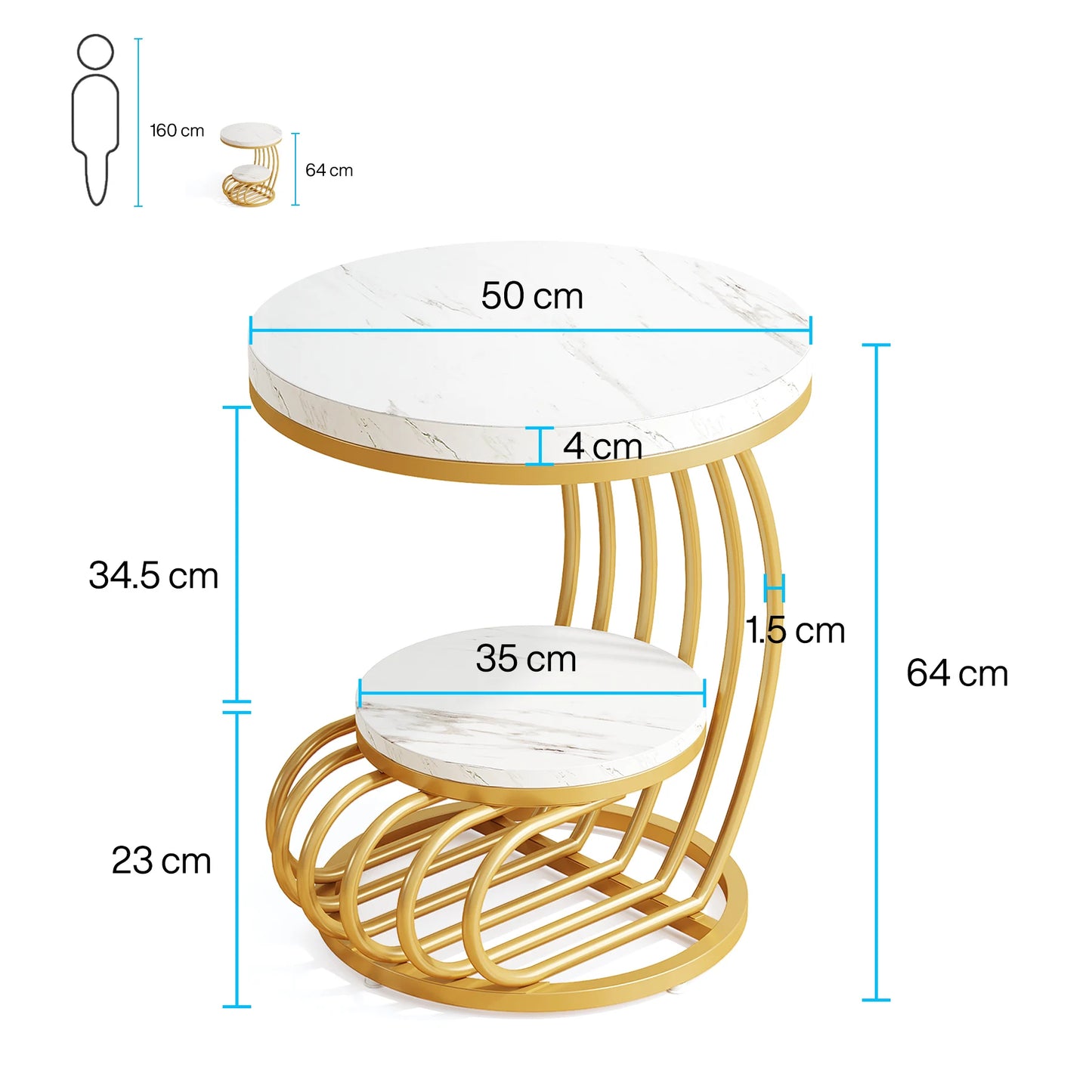 Tribesigns Gold Round End Table with Faux Marble and Storage Shelf