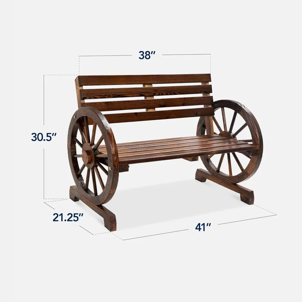 Two Person Wooden Wagon Wheel Bench for Outdoors Garden