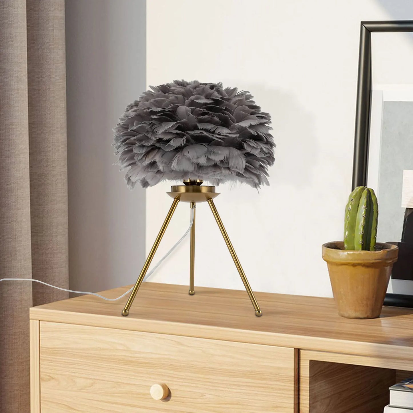 Grey Feather Tripod Desk Lamp For Study Living Room