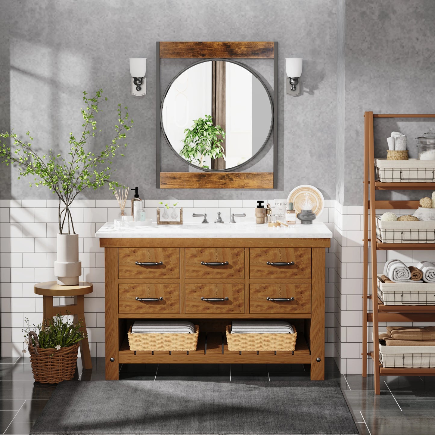 Industrial Metal Wood Frame Wall Mounted Decorative Mirror