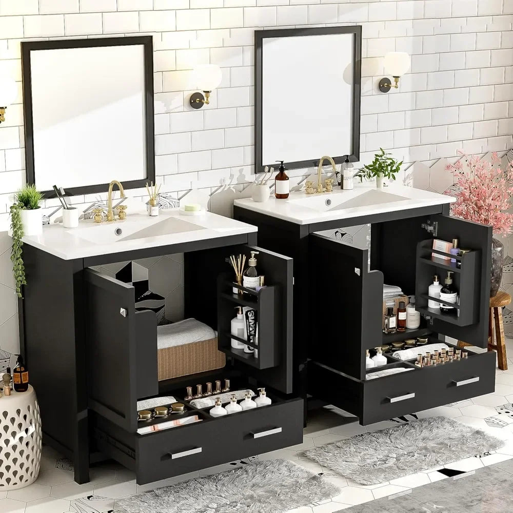 60 Inch Solid Wood Bathroom Vanity with Double Sink and Storage Cabinets