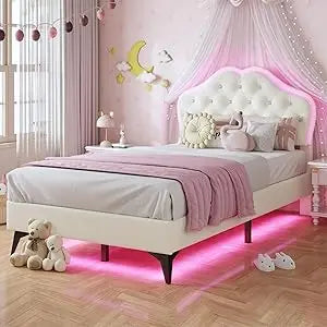 Girls Upholstered Platform Bed With Storage And LED Lights