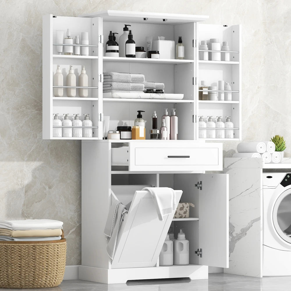White Freestanding Bathroom Storage Cabinet With Laundry Hamper
