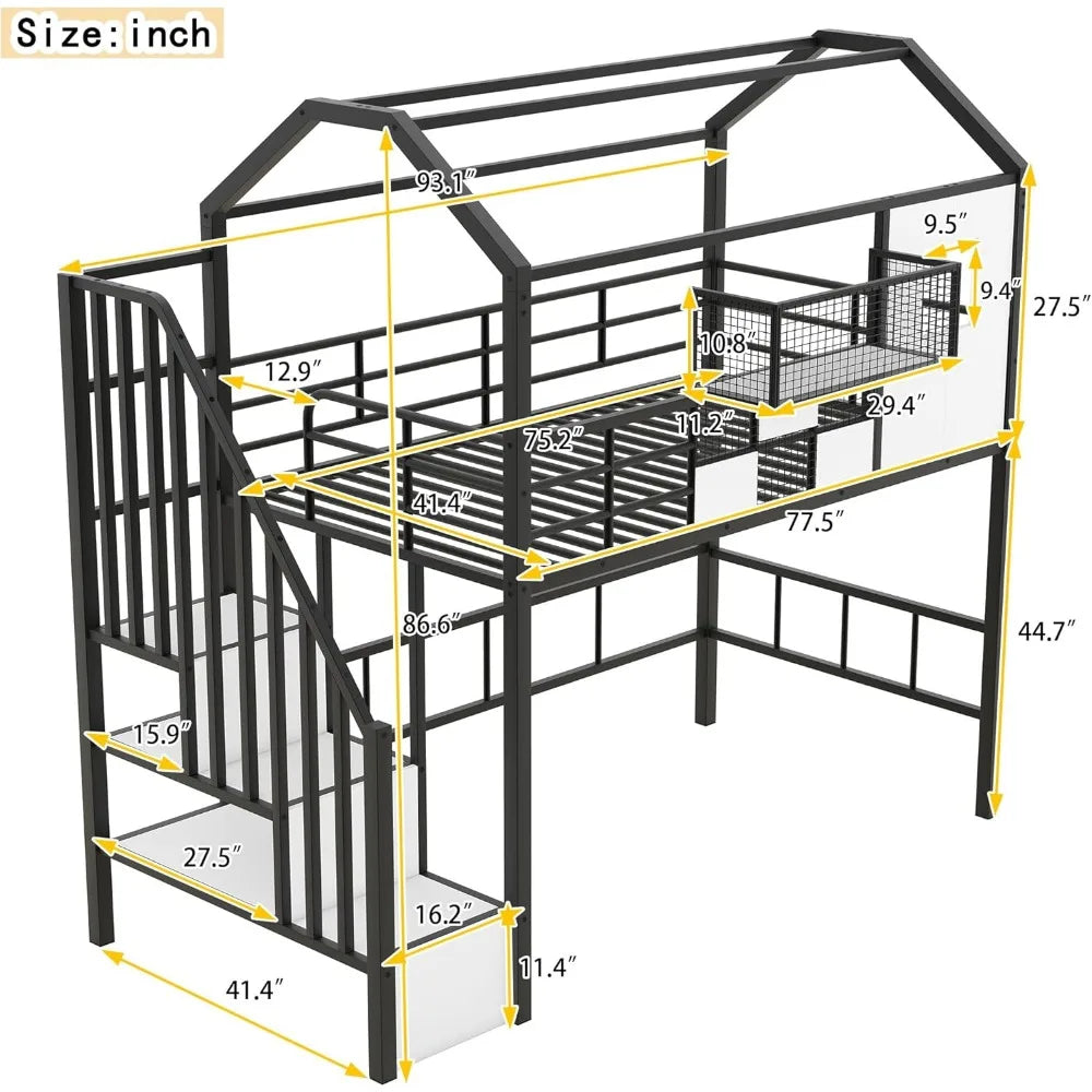 DAFIFY Loft Bed With Stairs And Roof For Kids Sturdy Metal