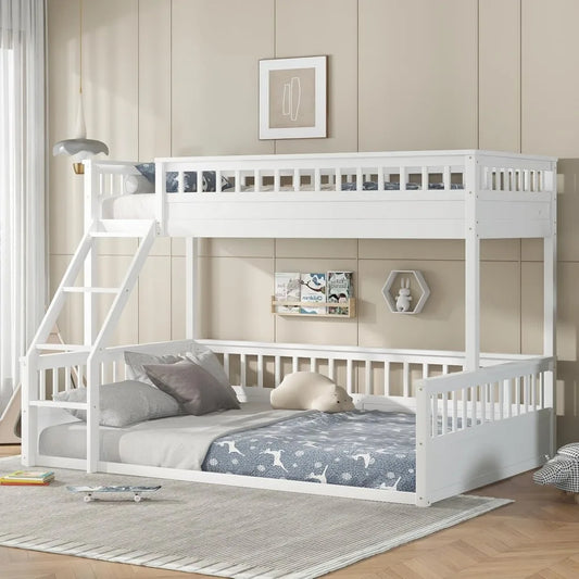 Low Bunk Beds Twin XL Over Queen with Ladder and Guardrail for Kids
