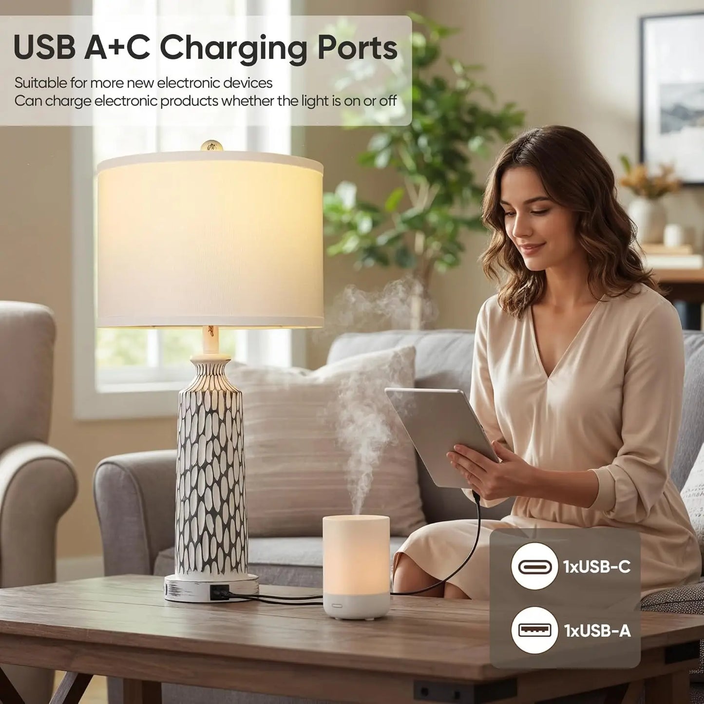 Modern Table Lamps Set Of 2 With USB A C Ports And 3 Way Dimmable Touch Control