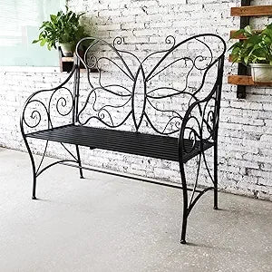 Outdoor Weatherproof Metal Garden Bench With Butterfly Backrest