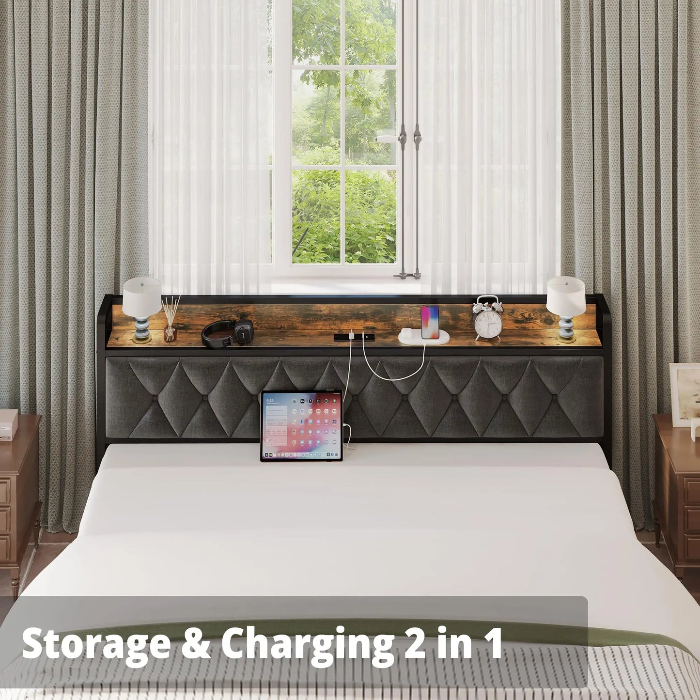 ANCTOR Storage Headboard Bed Frame With Outlets No Box Springs Needed