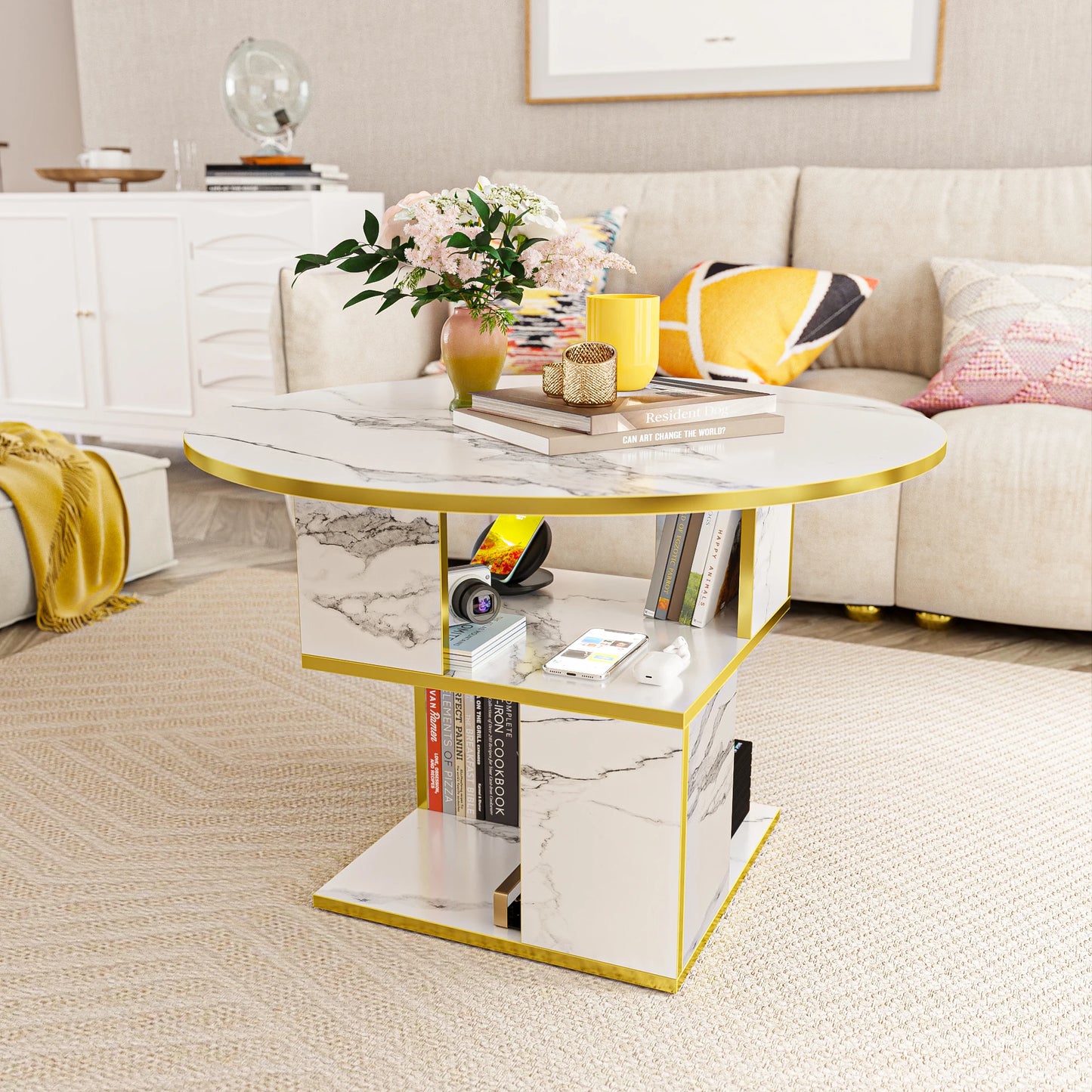 Merronix 3 Tier Round Coffee Table With Storage Modern