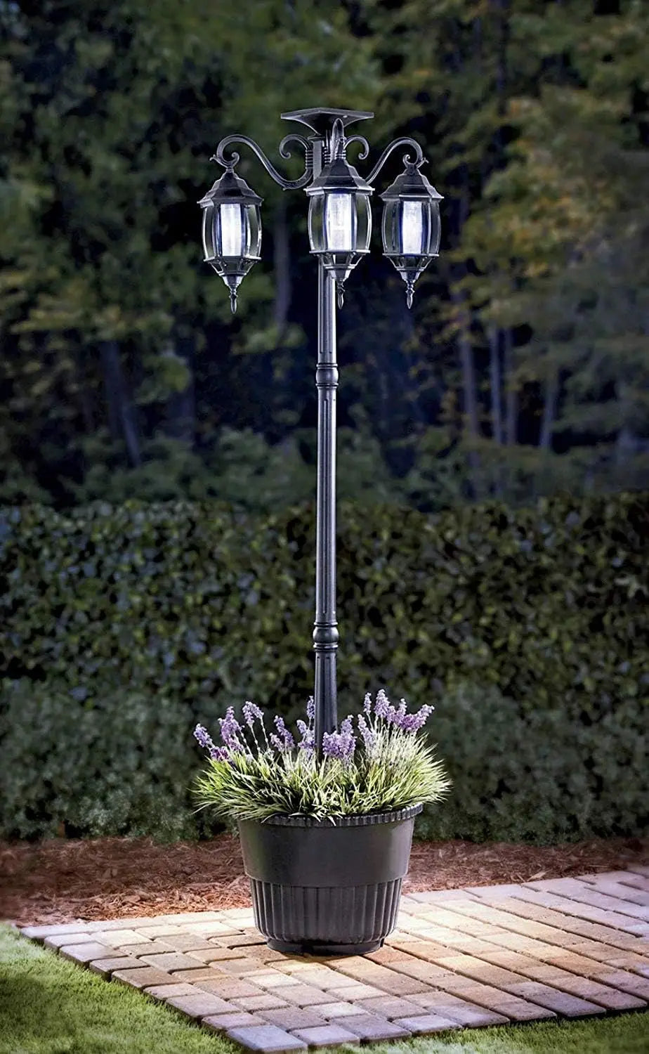 3-Head LED Solar Light Planter Black 6.7 ft Outdoor Garden Decor