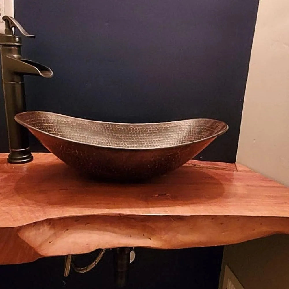17 Inch Copper Vessel Bathroom Sink with Pop Up Drain and Waterfall Faucet