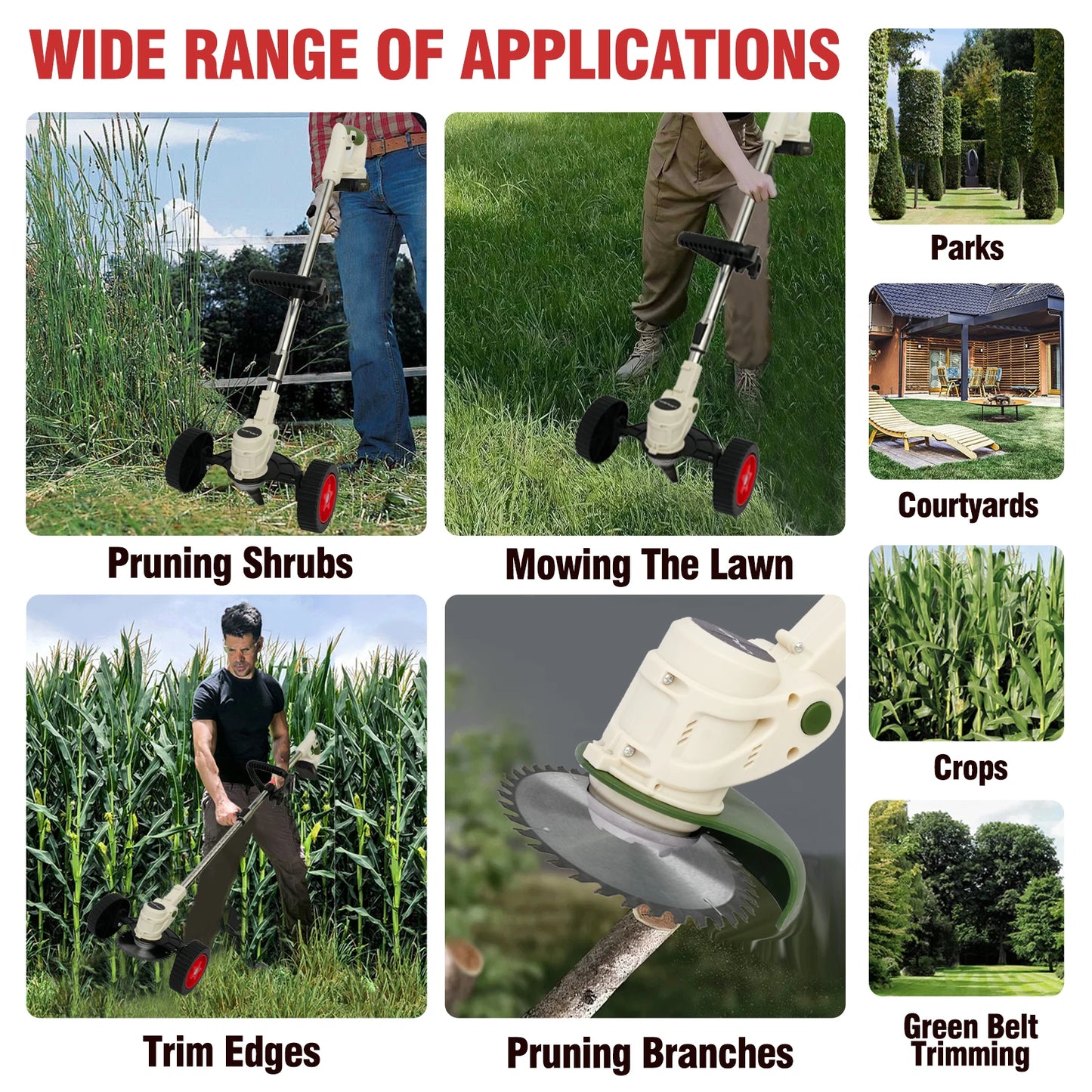 Cordless Electric Grass Trimmer with 21V Battery and Auxiliary Wheels for Garden