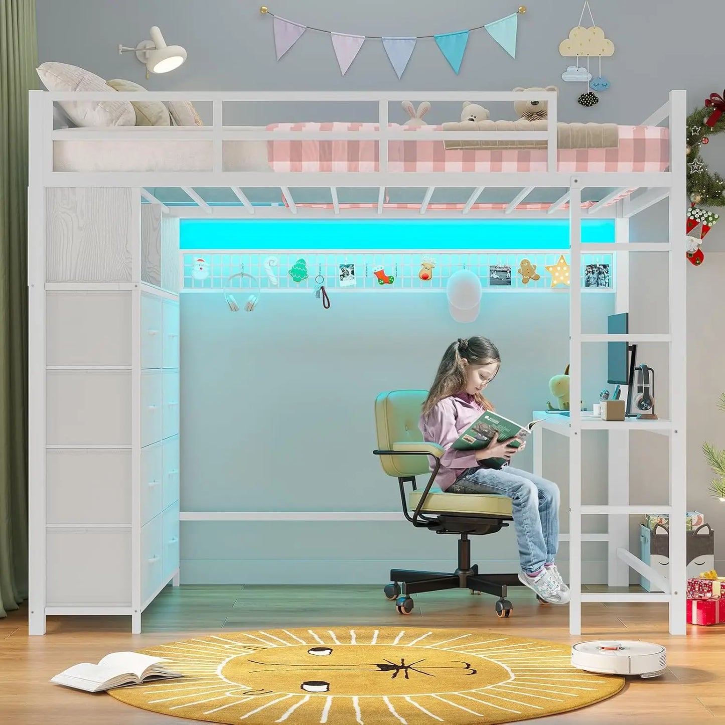 Metal Kids Loft Bed With Integrated Desk, Storage, LED