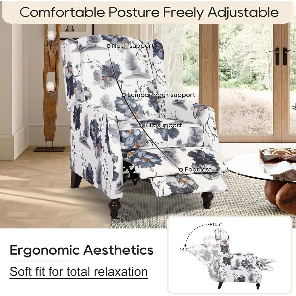 Wingback Upholstered Recliner Chair Manual Push Back for Living Room