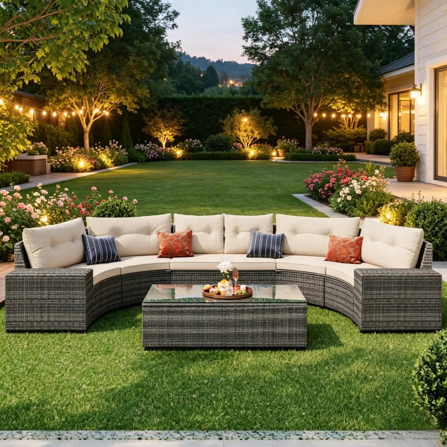Outdoor 8-Piece Wicker Half Moon Sectional Coffee Table