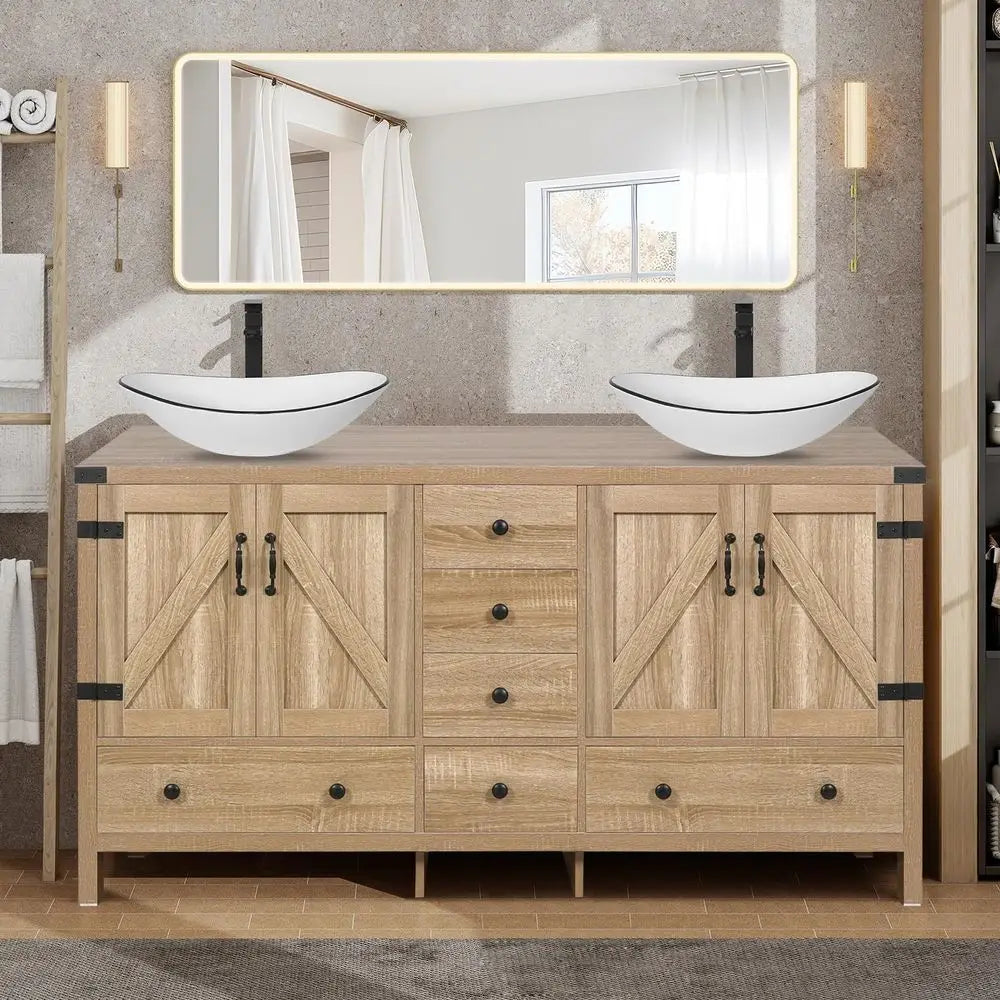 Rustic Pedestal Bathroom Vanity With Ceramic Sinks