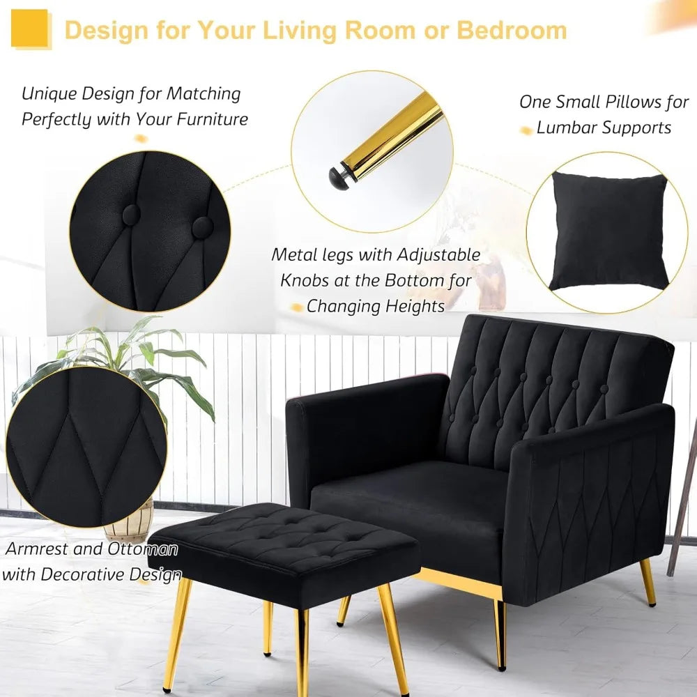 Velvet Accent Chair with Adjustable Armrests Tufted Back and Ottoman