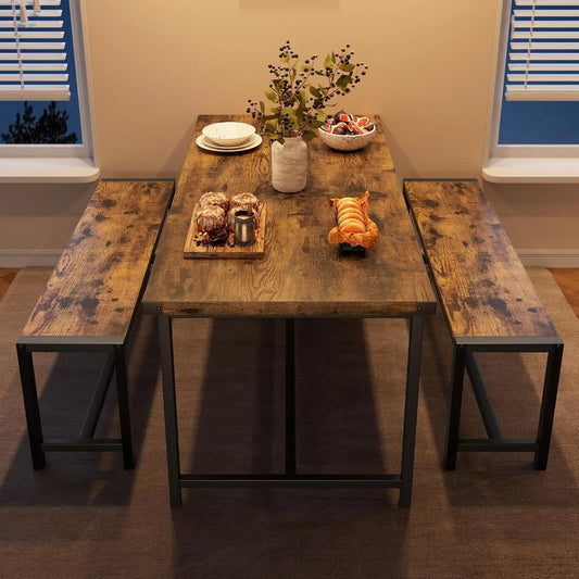 HiMISS Dining Table Set For 4 With Metalwood Benches