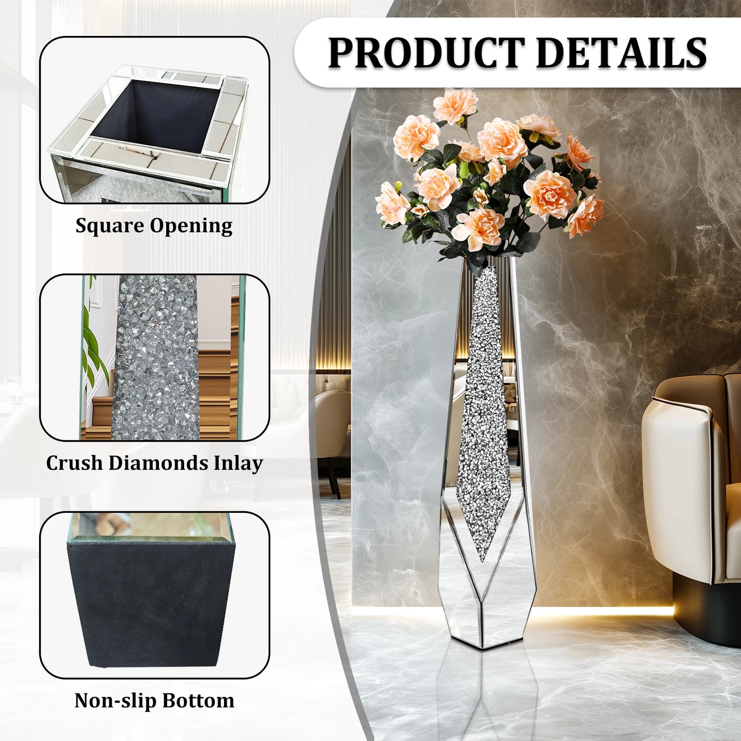 Tall Crushed Diamond Floor Vase Modern Crystal Home Decor for Living Room
