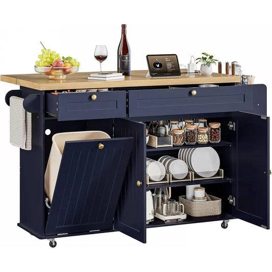 Drop Leaf Bamboo Kitchen Island With Power Outlet And Rack