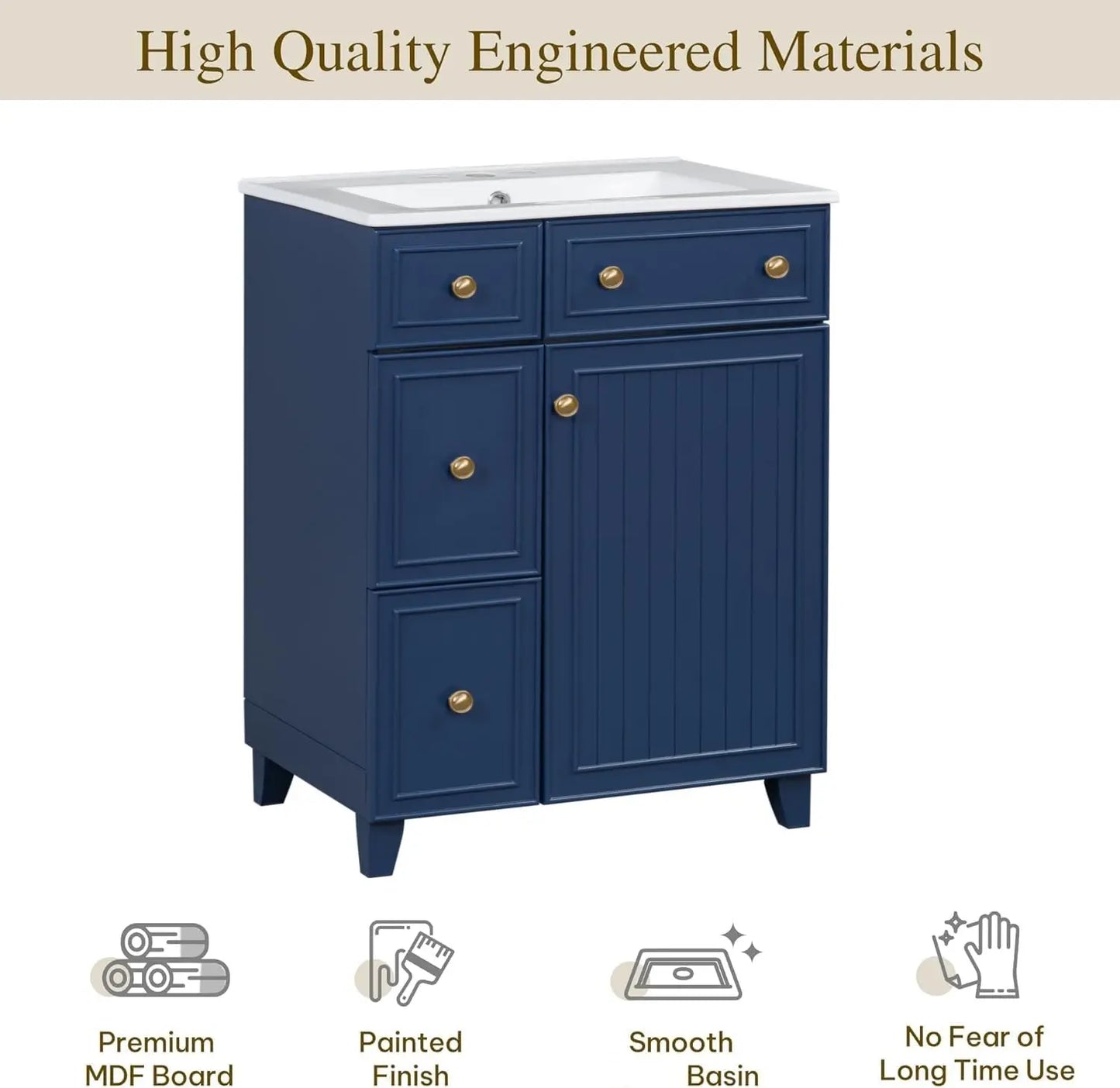 Modern Freestanding Bathroom Vanity With Sink And Gold Handles