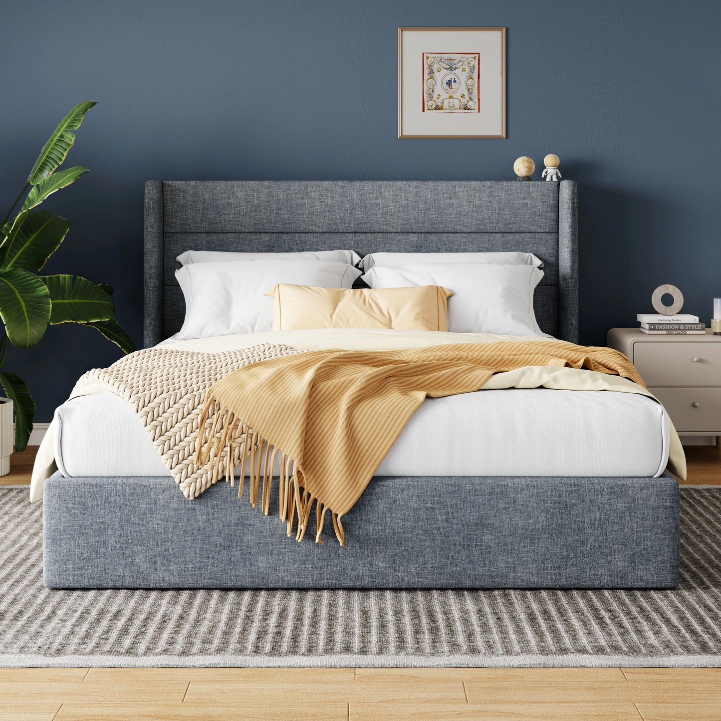 Allewie Hydraulic Lift Up Storage Bed With Wingback Headboard
