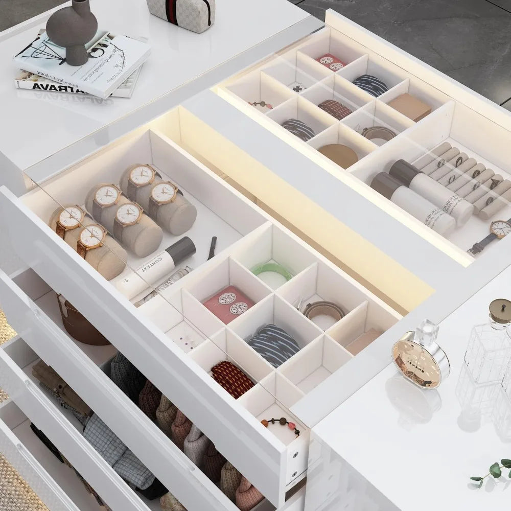 MKDK LED Illuminated Glass Top Bedroom Armoire 16 Drawers