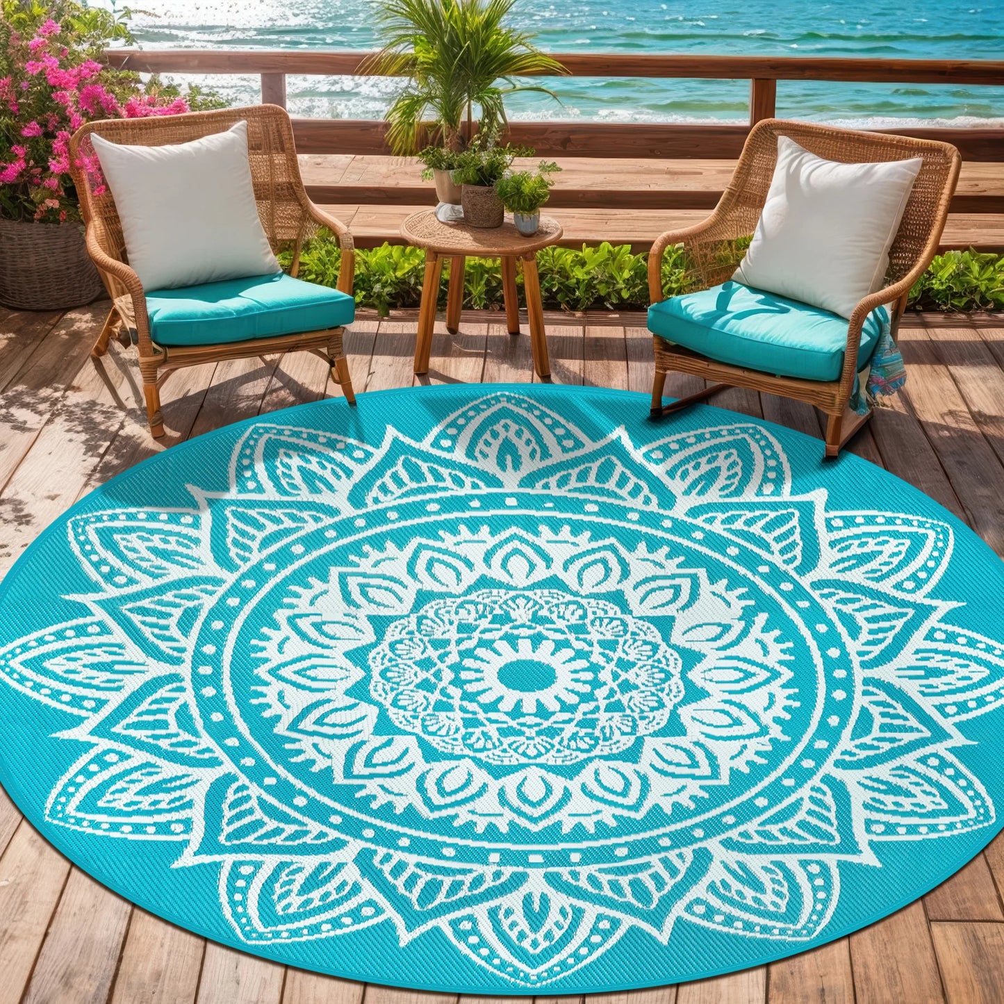 Round Outdoor Reversible Rug Waterproof Portable For Camping