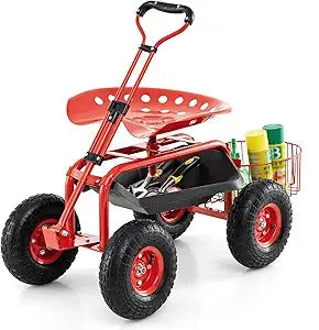 Adjustable Rolling Garden Cart With Seat Tool Tray Basket
