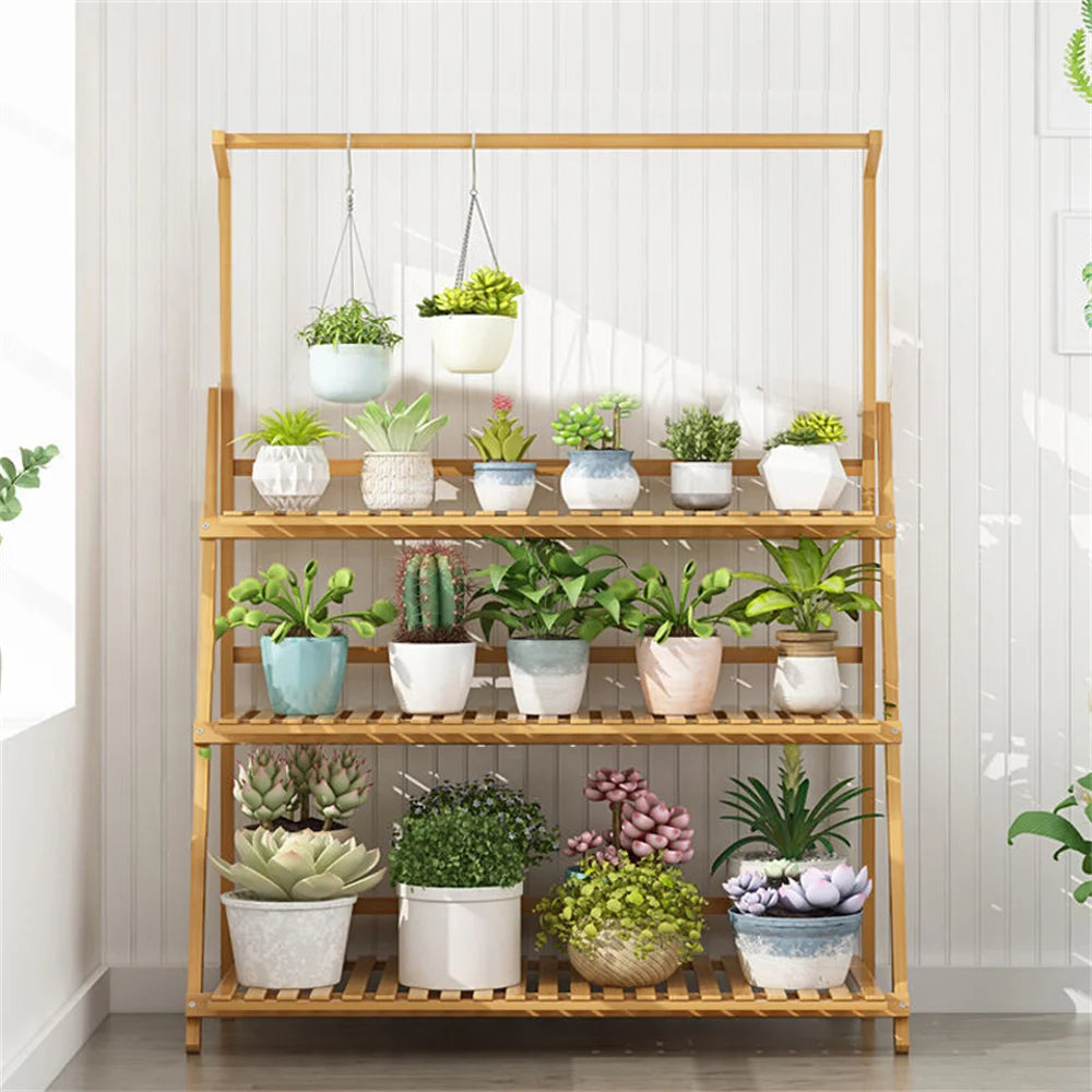 Folding Bamboo Plant Stand Three Tier Indoor Outdoor Shelf