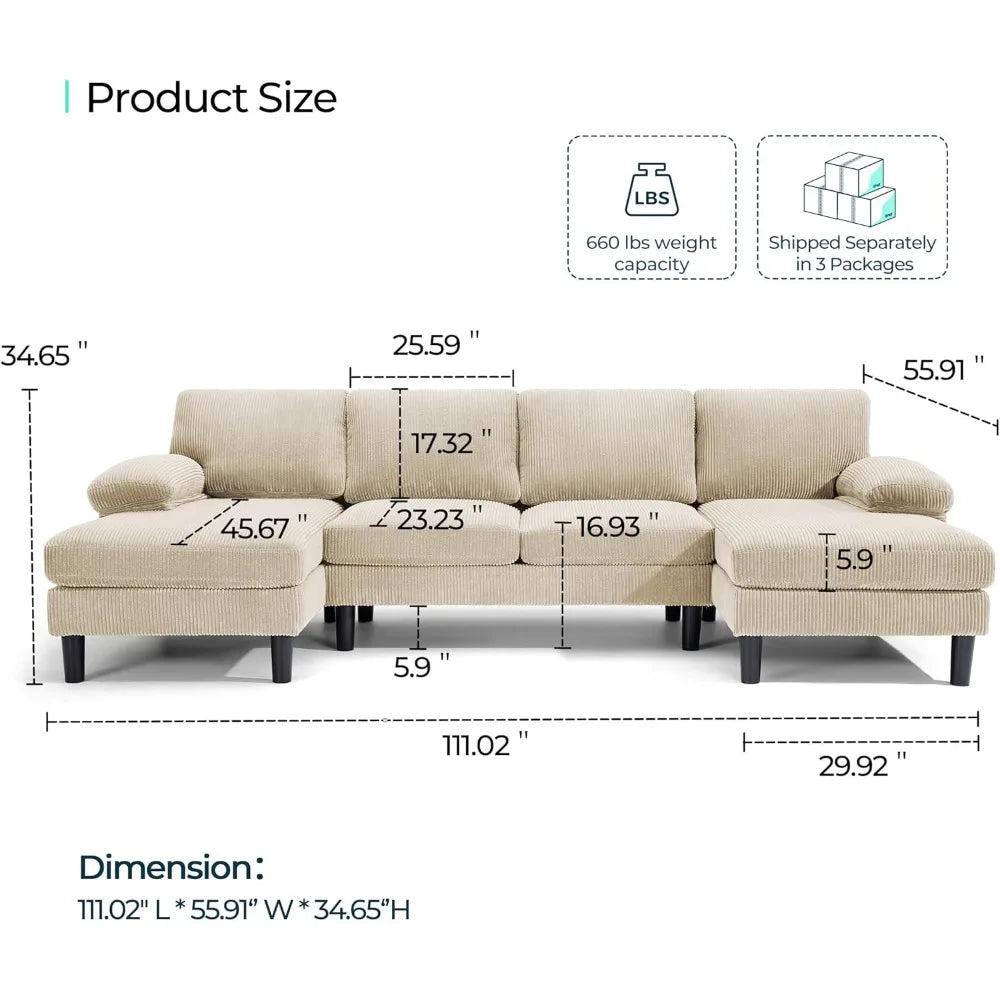 Corduroy U Shaped Sectional Sofa With Sleepable Armrests
