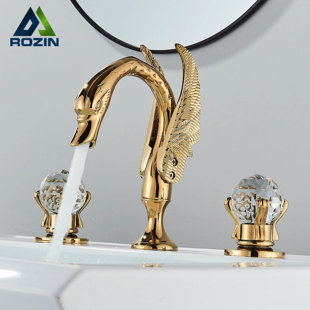 Rozin Swan Basin Faucet Deck Mounted Dual Crystal Handles