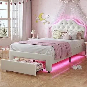 Girls Upholstered Platform Bed With Storage And LED Lights