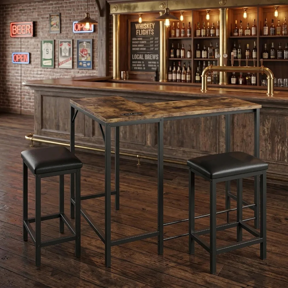 Convertible L Shaped Bar Table Set With USB Charging Cable Management