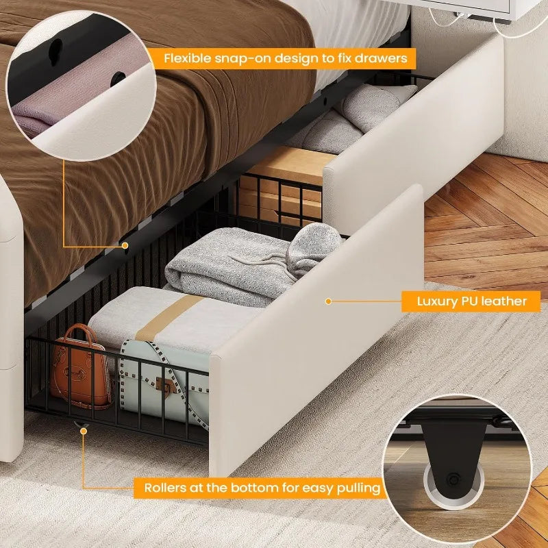 PU Leather Upholstered Bed Frame With Storage Drawers