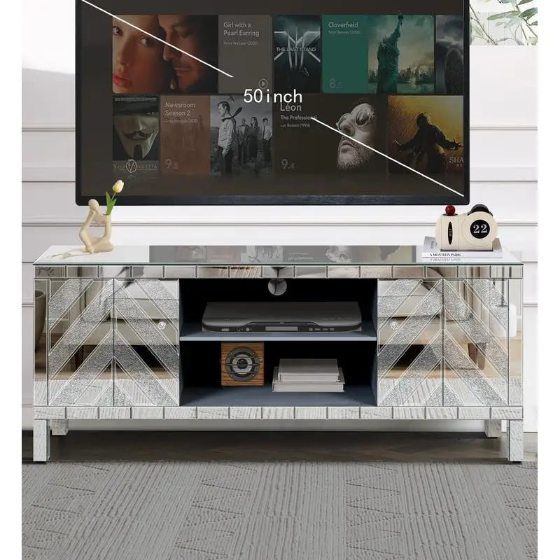 Mirror TV Console With Diamond Glass Doors And Open Storage
