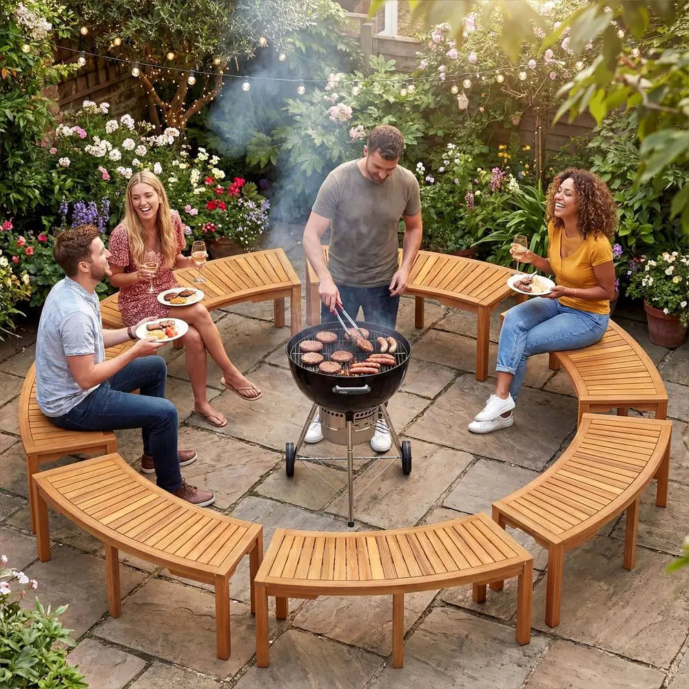 Outdoor Curved Acacia Wood Bench For Fire Pit And Two Person Seating