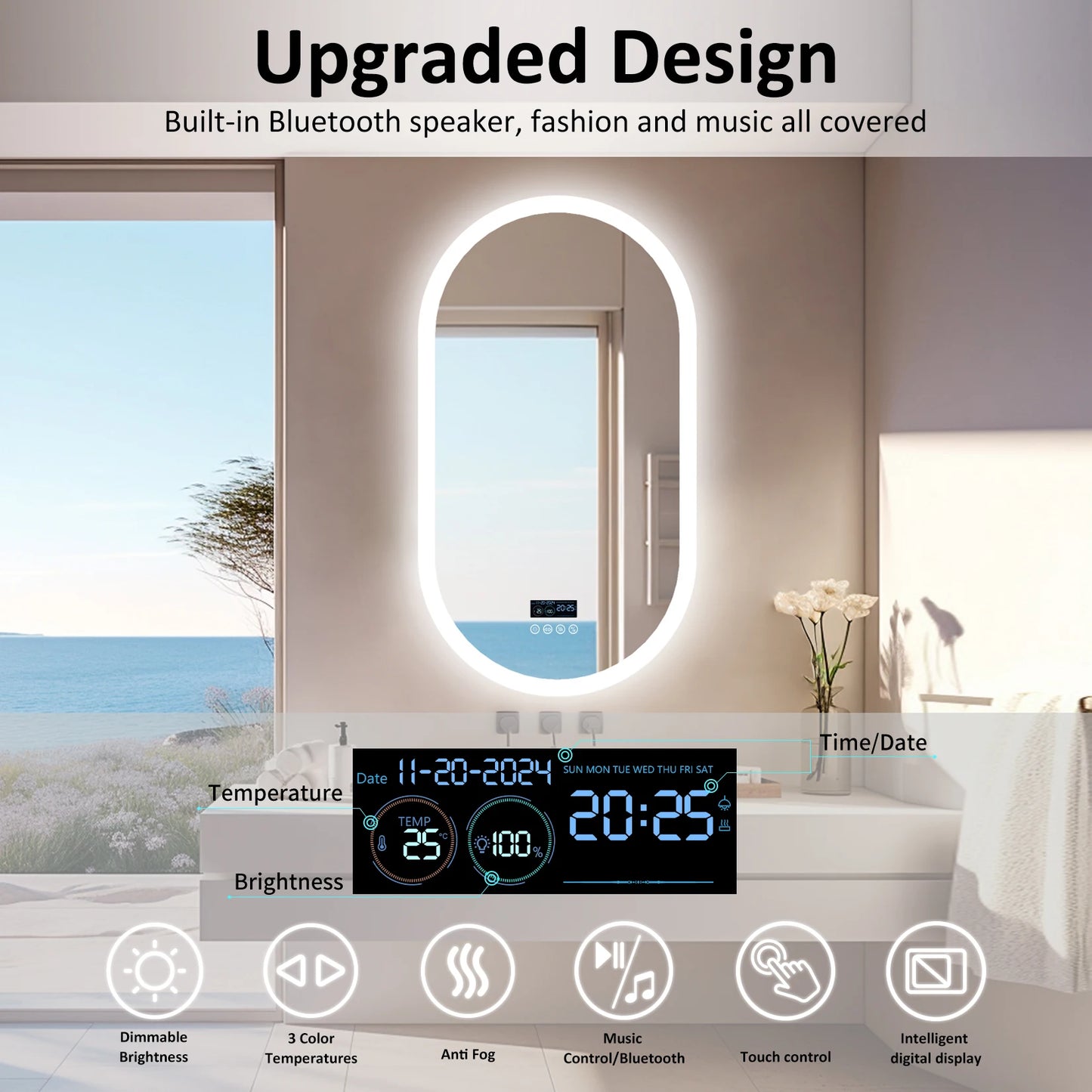 LUVODI 20x32 Inch LED Lighted Bluetooth Bathroom Mirror with Dimming and Anti-Fog