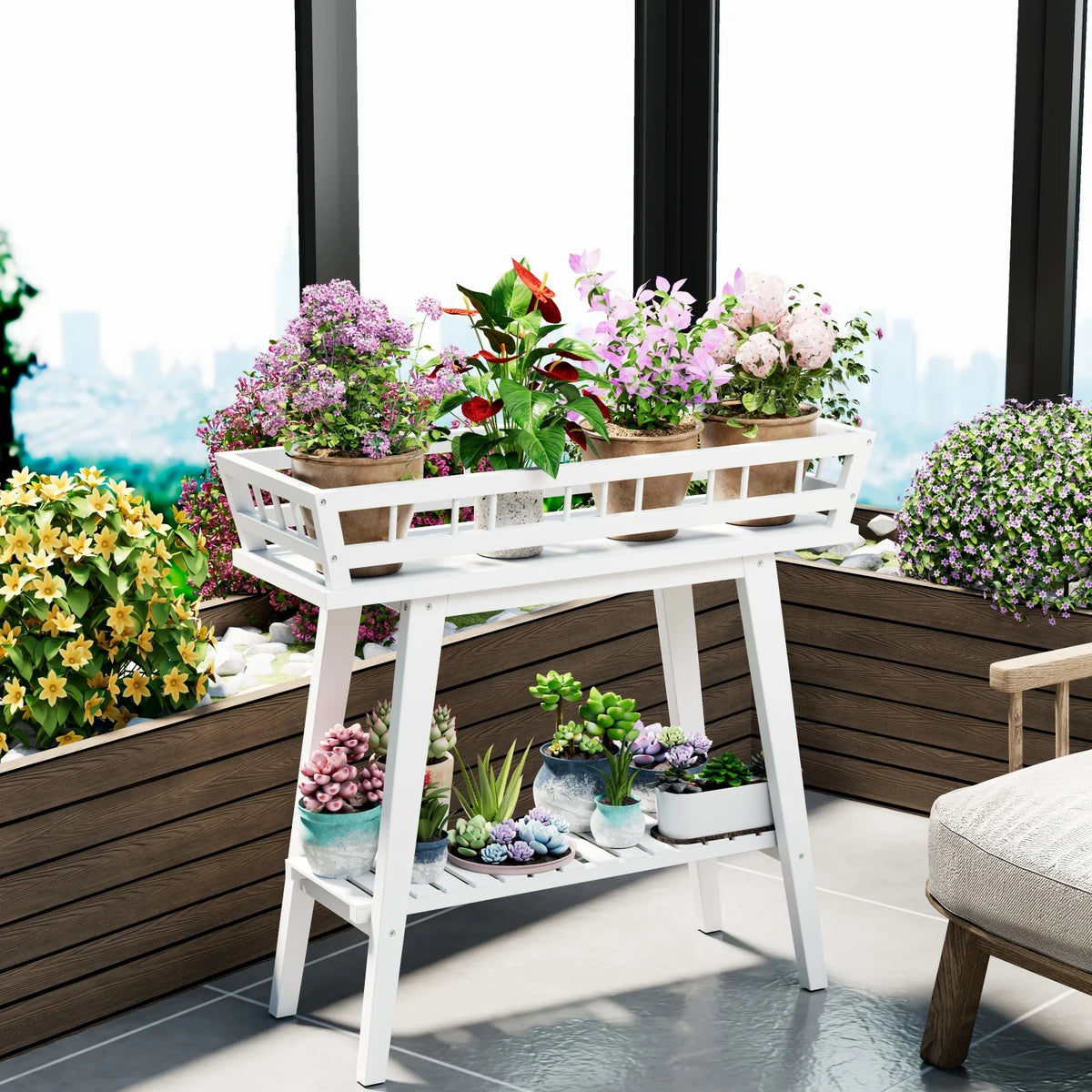 Two Tier Bamboo Plant Stand Shelf Flower Pot Holder