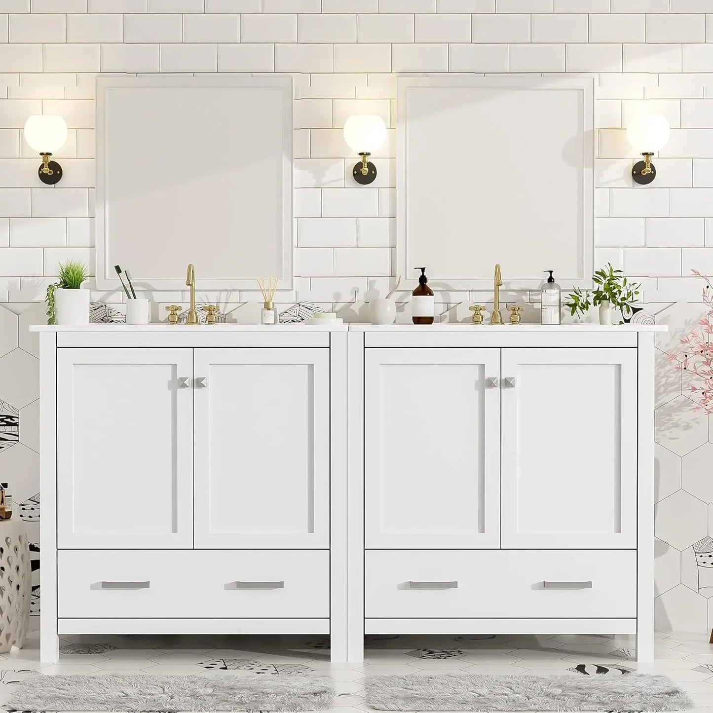 60 Inch Solid Wood Bathroom Vanity with Double Sink and Storage Cabinets