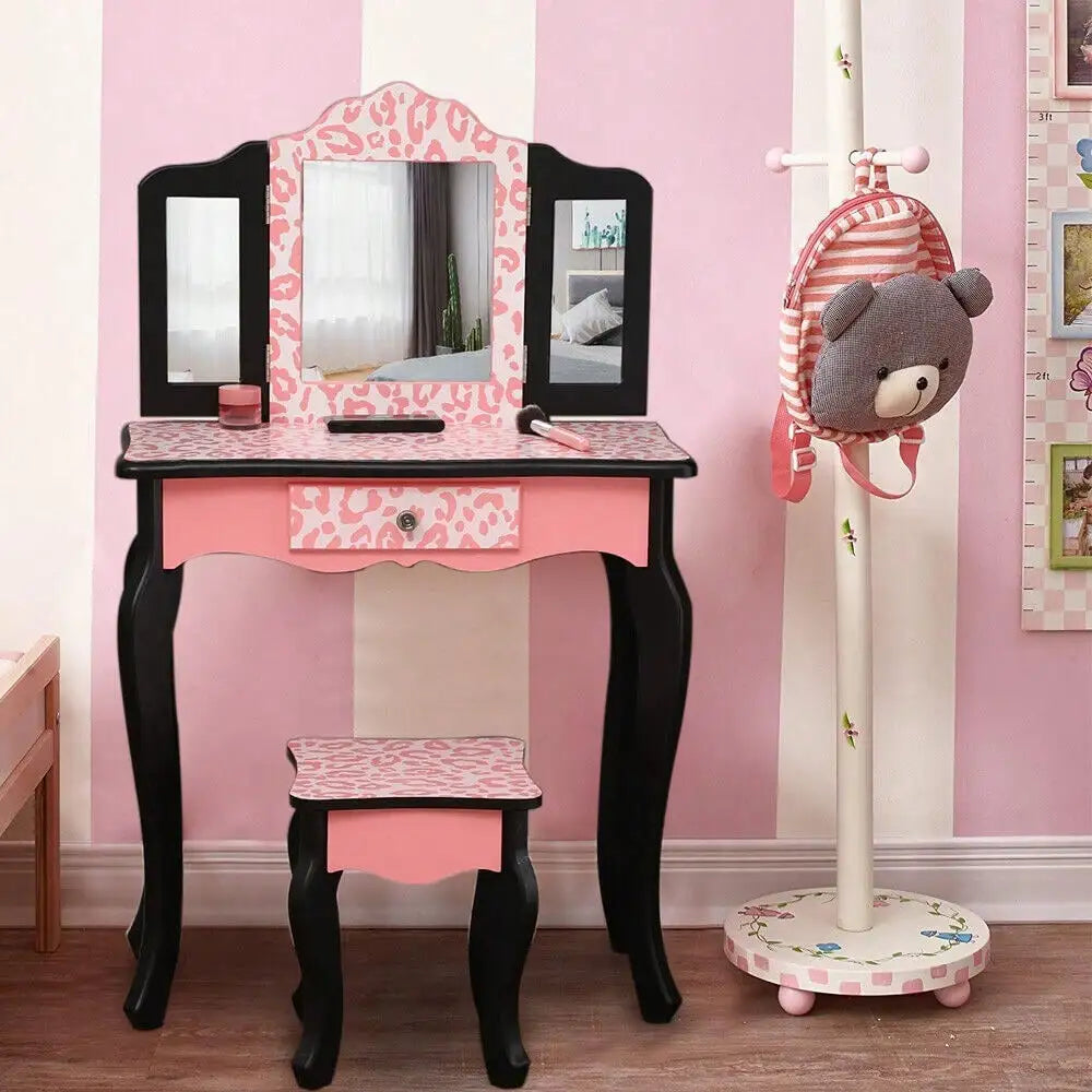 Pretend Play Vanity Table and Chair Set with Tri-Folding Mirror and Storage