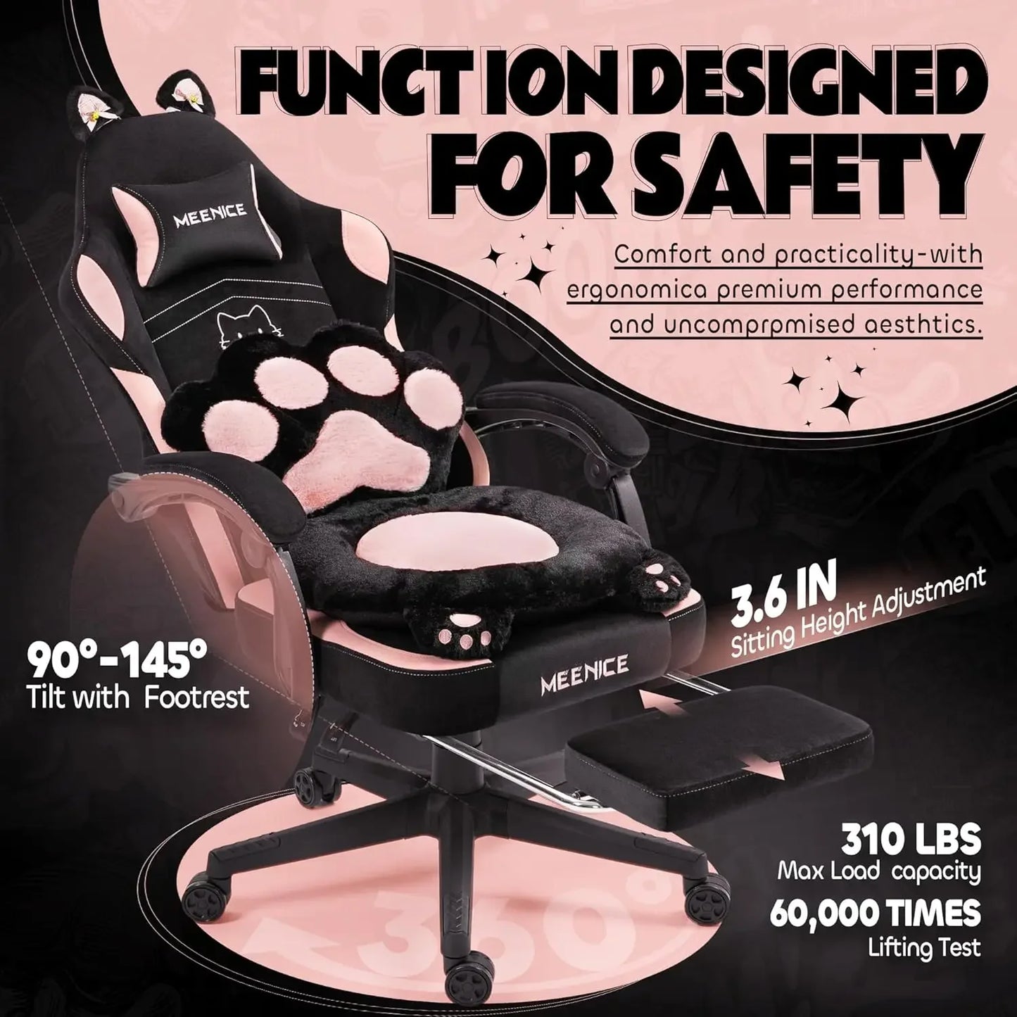 Ergonomic Gaming Chair With Cat Ear Design And Footrest