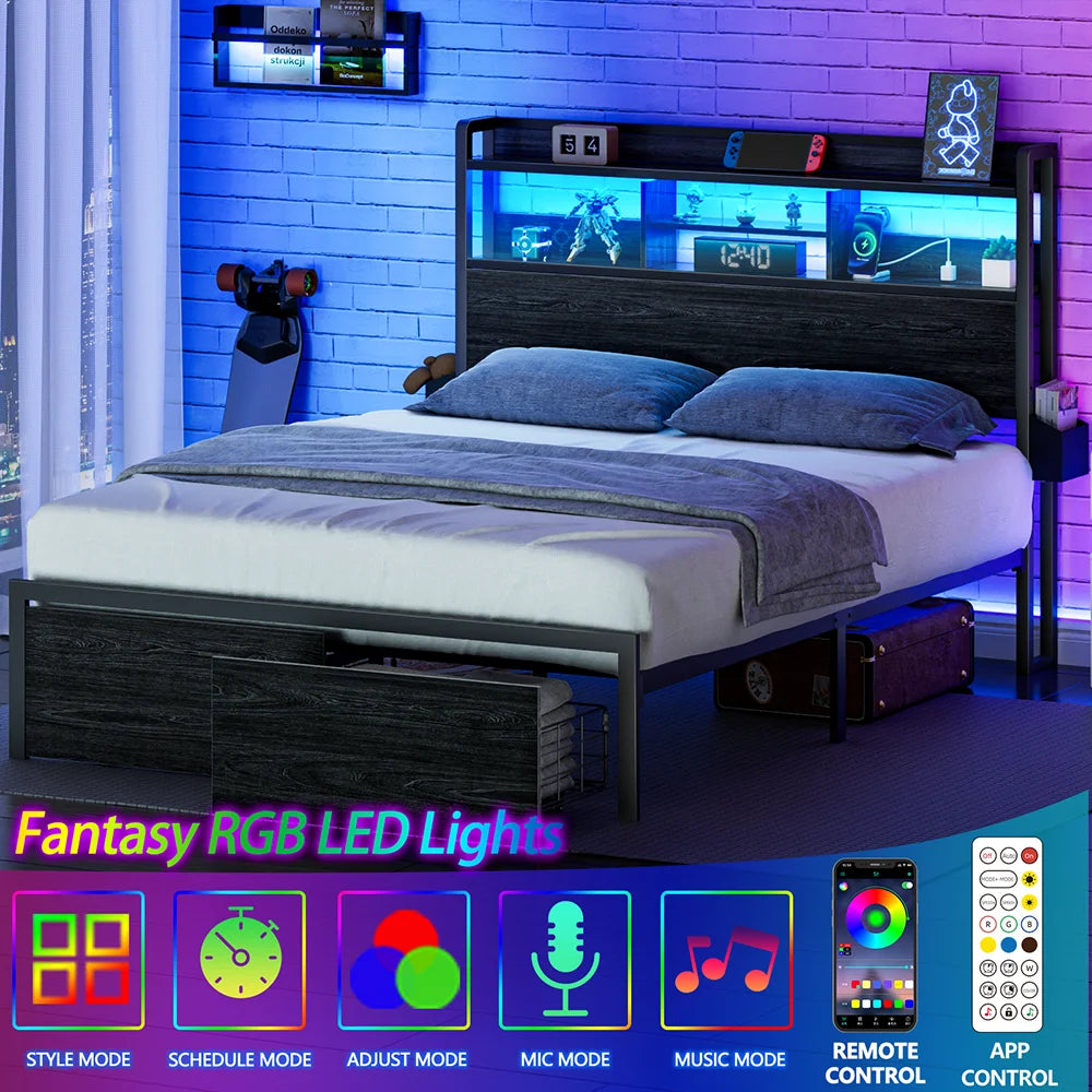Satifur Metal Bed Frame With Storage Drawers And LED