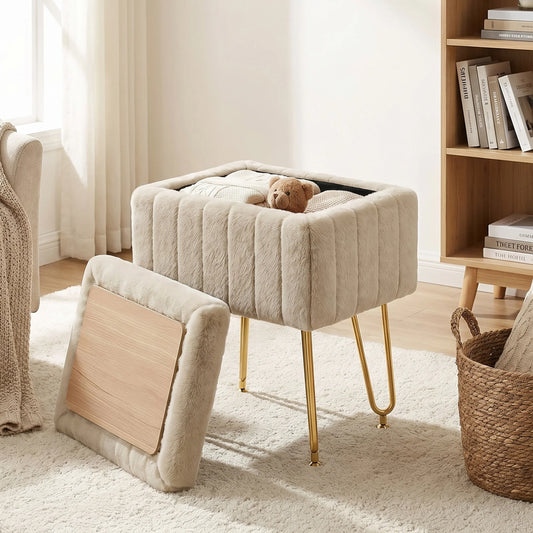 JHK Faux Fur Vanity Storage Ottoman With Metal Legs
