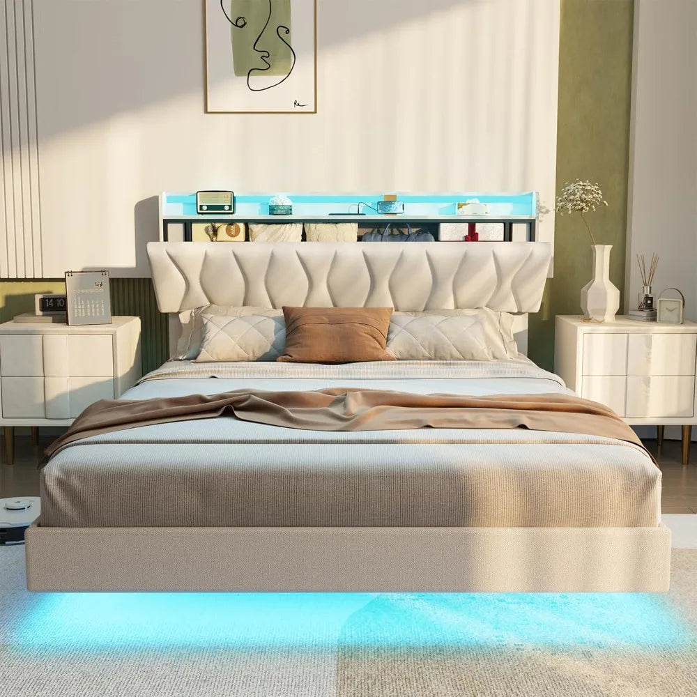 Guangbai Floating Bed Frame Storage Headboard Led Lights
