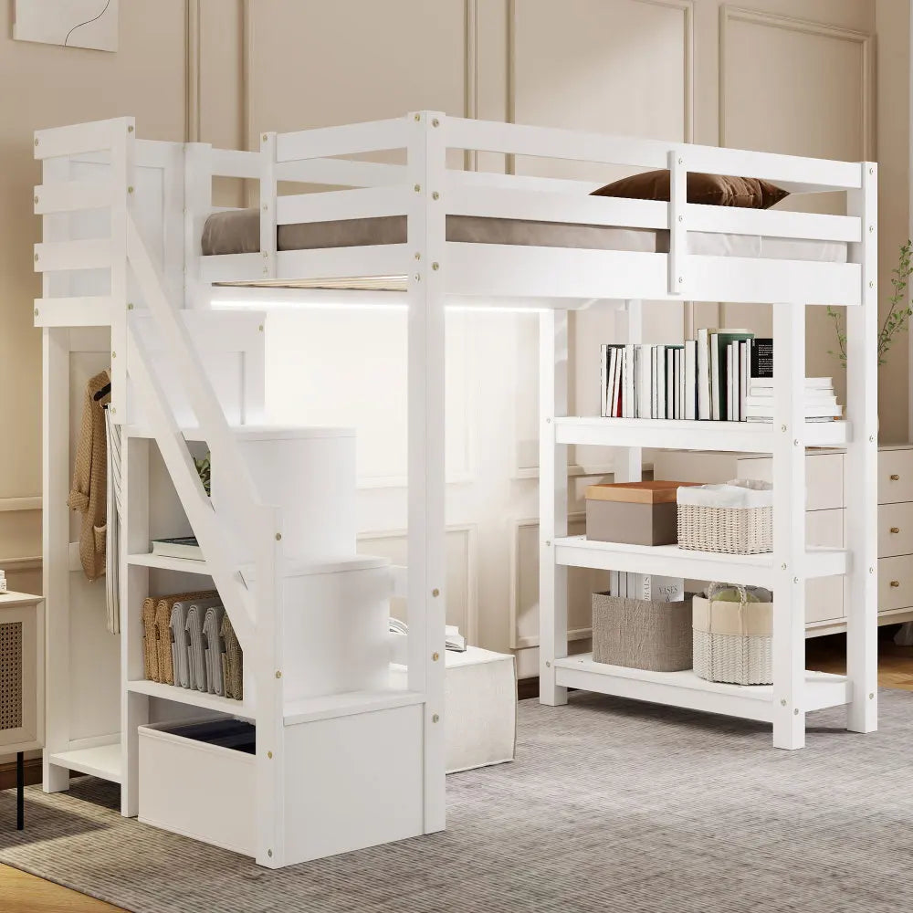 Wooden Loft Bed With Storage Staircase Integrated Wardrobe Light