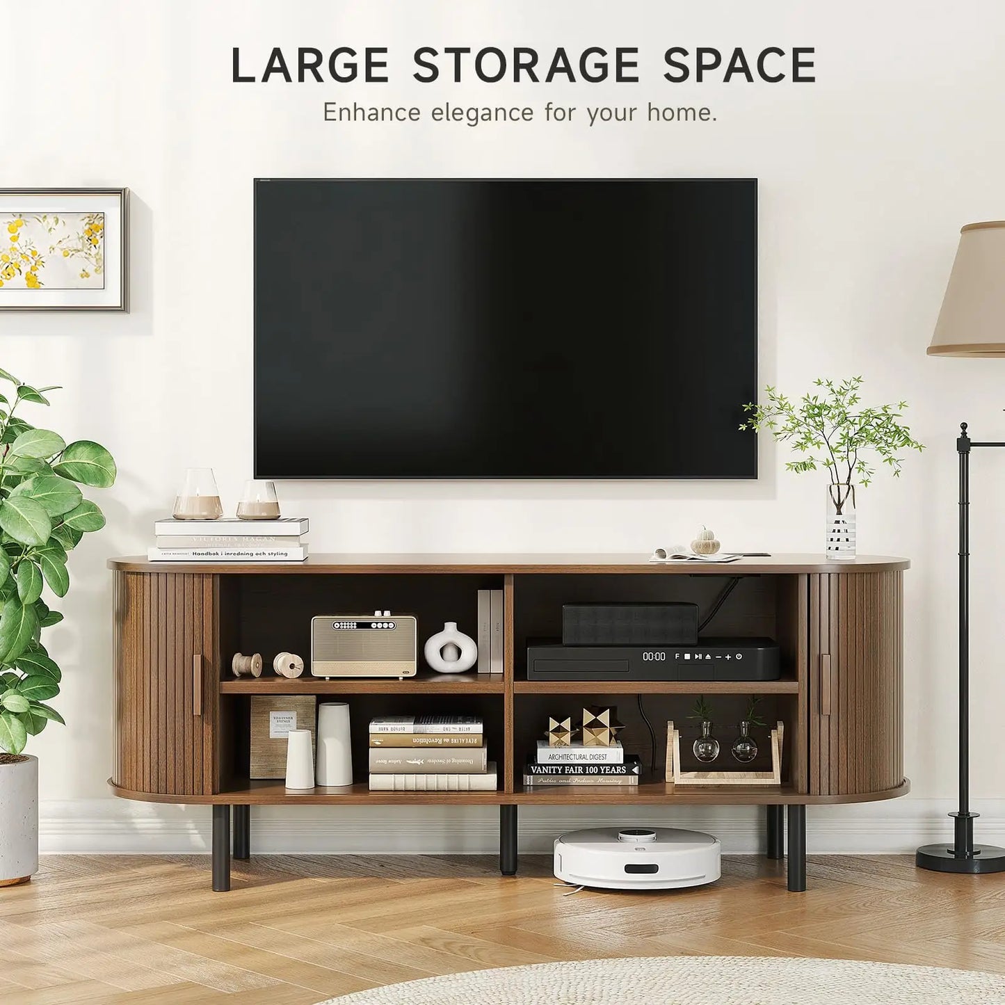 Onbrill TV Stand With Power Outlet And Sliding Doors