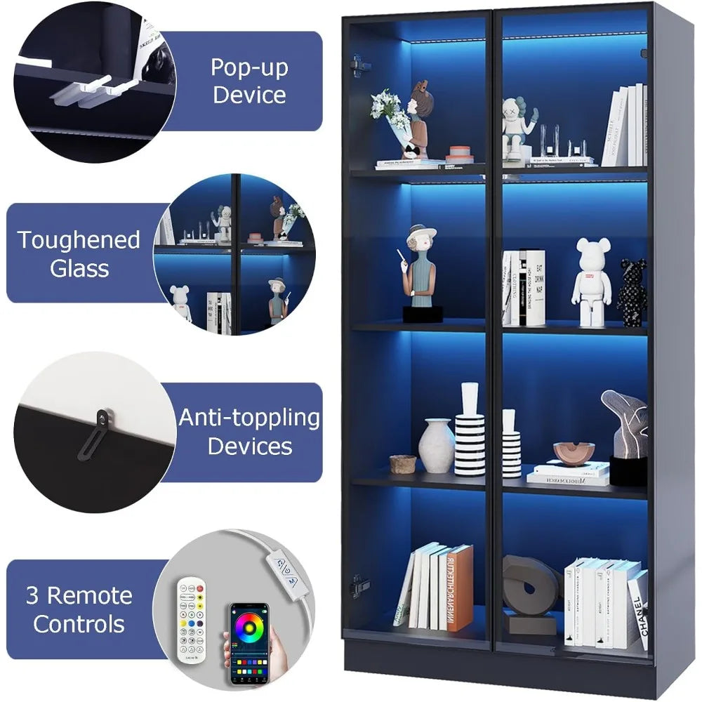 Modern Glass Display Cabinet with LED Lights and 4-Tier Shelves