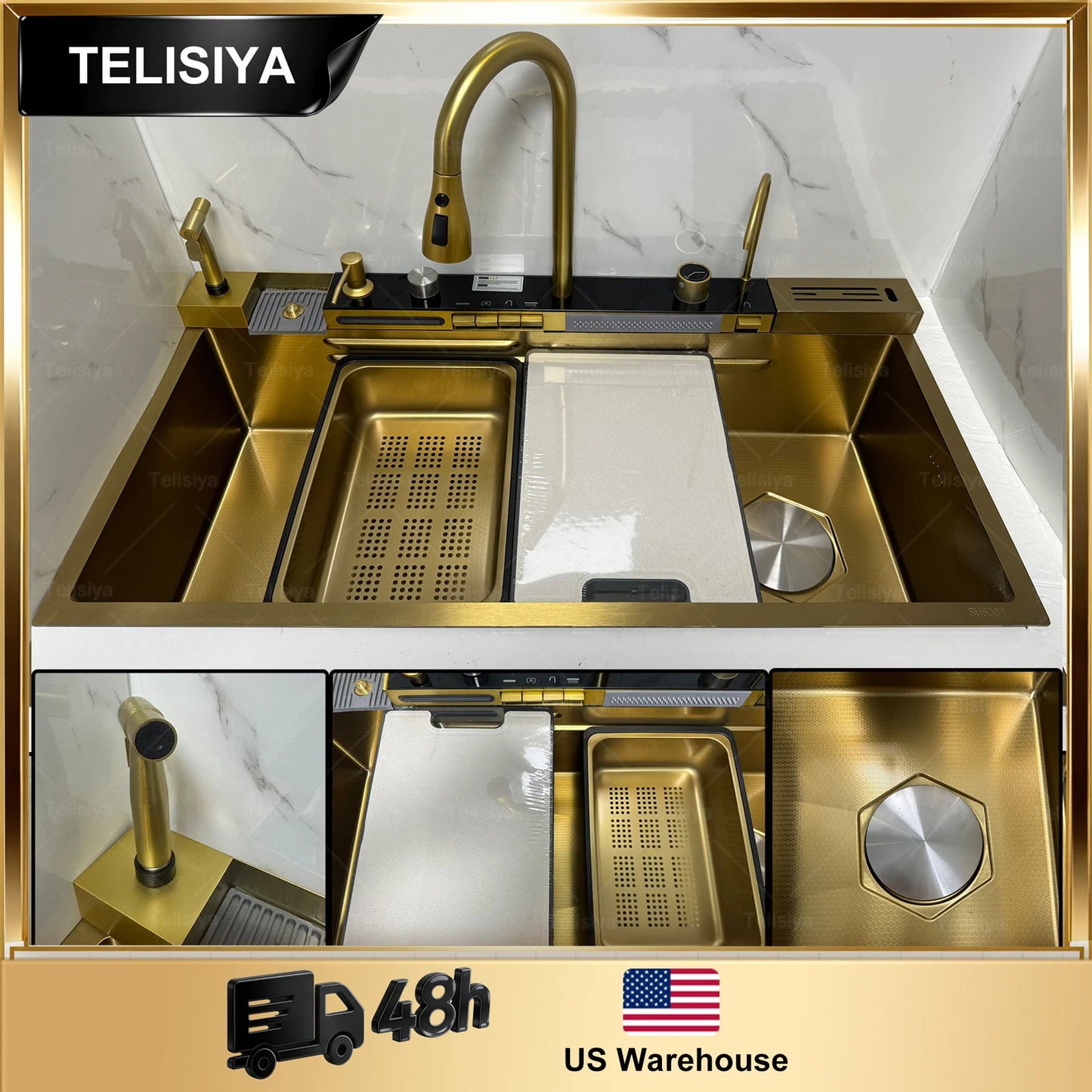 TELISIYA 304 Stainless Steel Waterfall Kitchen Sink With Digital Display Faucet